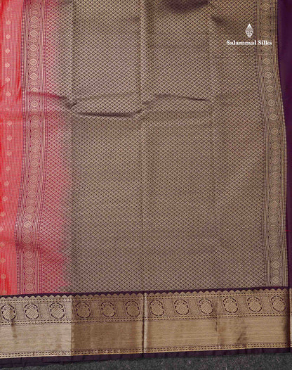 Semi Silk Saree - Orange Butta With Vaira Oosi Tiny Checks Along With Contrast Dark Purple Border