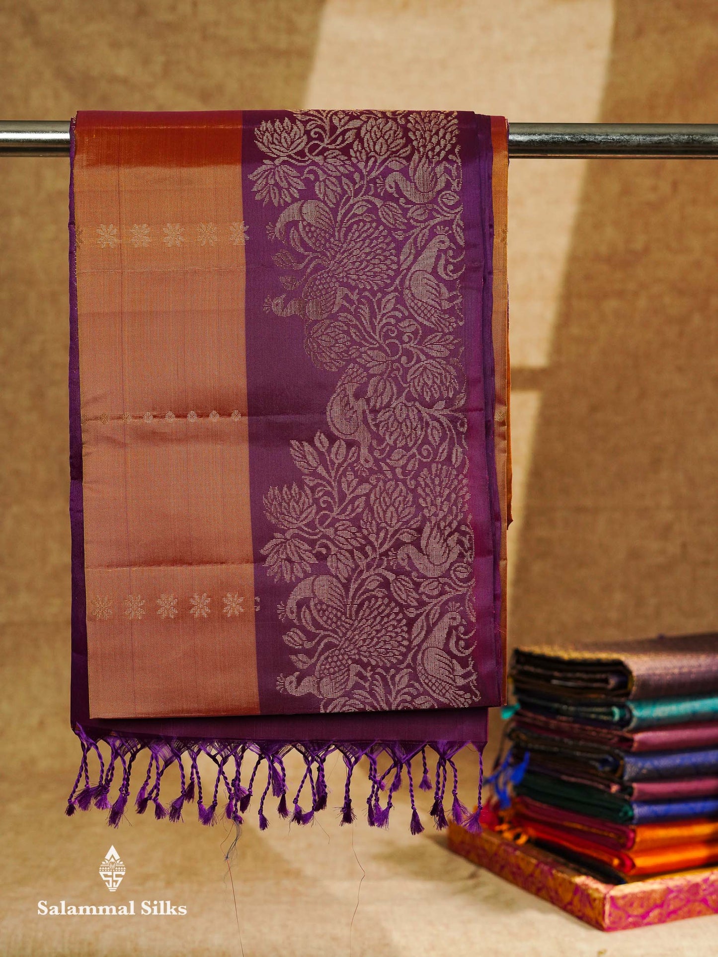 Beautiful Mustard Yellow PureMix Kanjivaram Soft Silk Saree With Contrast Violet Vanasingaram Fancy Border