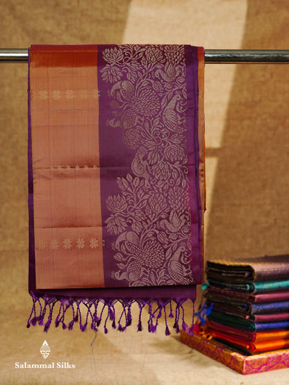 Beautiful Mustard Yellow PureMix Kanjivaram Soft Silk Saree With Contrast Violet Vanasingaram Fancy Border