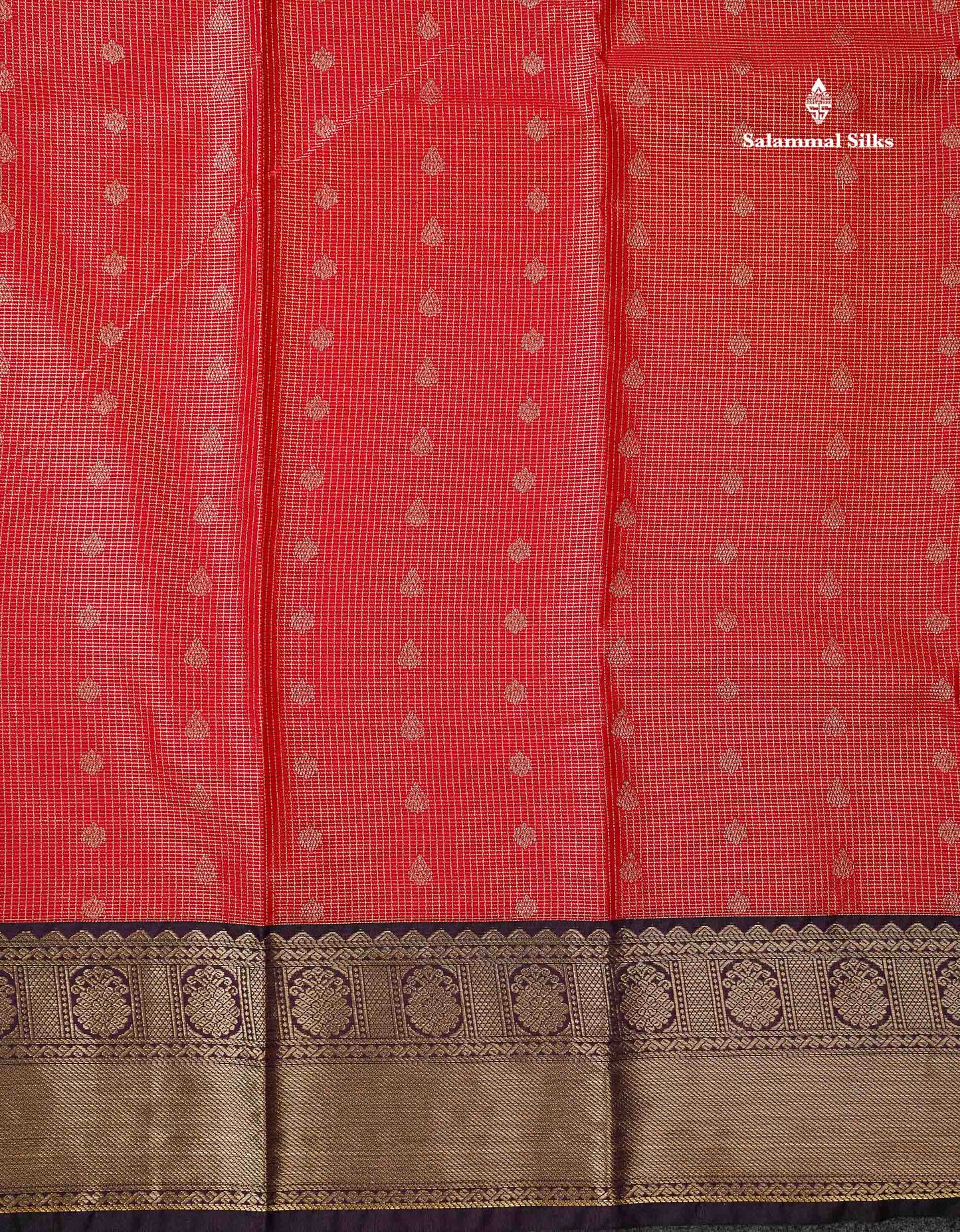 Semi Silk Saree - Orange Butta With Vaira Oosi Tiny Checks Along With Contrast Dark Purple Border