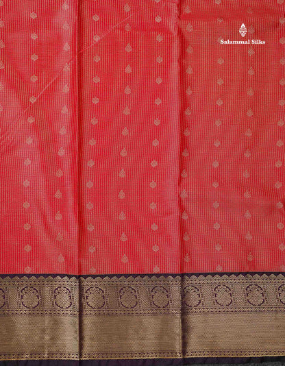 Semi Silk Saree - Orange Butta With Vaira Oosi Tiny Checks Along With Contrast Dark Purple Border