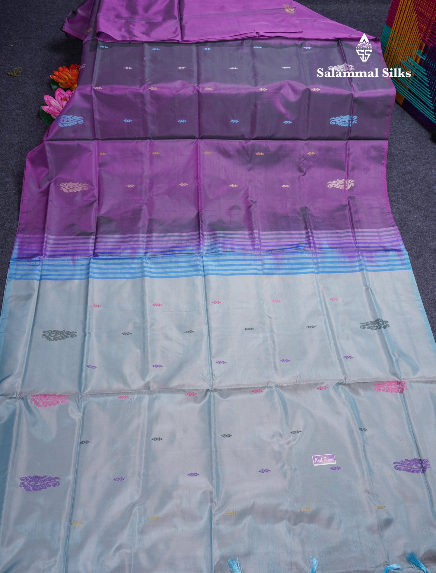 Dual Tone Purple Banana Pinth Saree (Vaazhainaar Pattu) With Contrast Pastel Blue Blouse