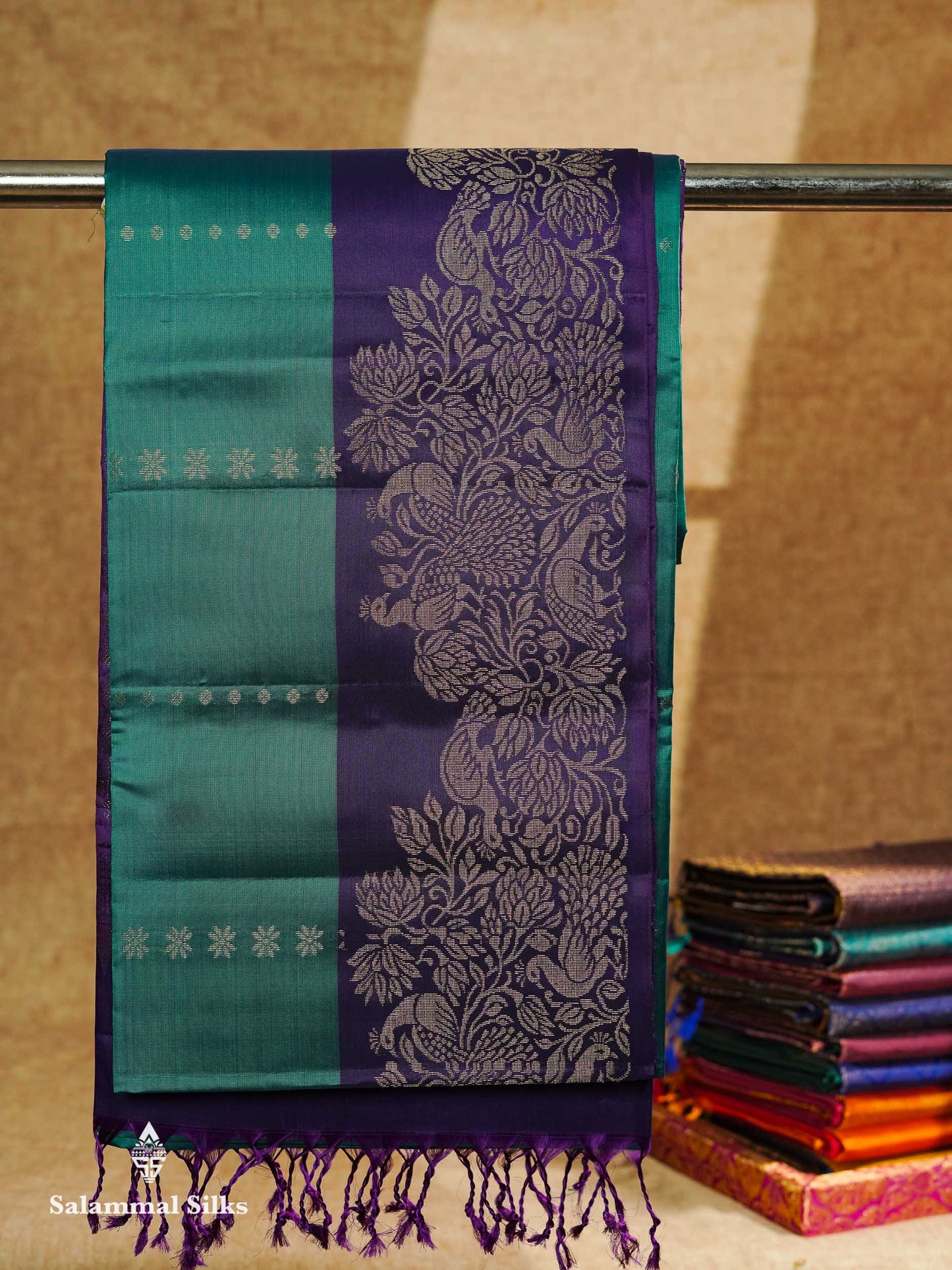 Beautiful Mustard Yellow PureMix Kanjivaram Soft Silk Saree With Contrast Violet Vanasingaram Fancy Border