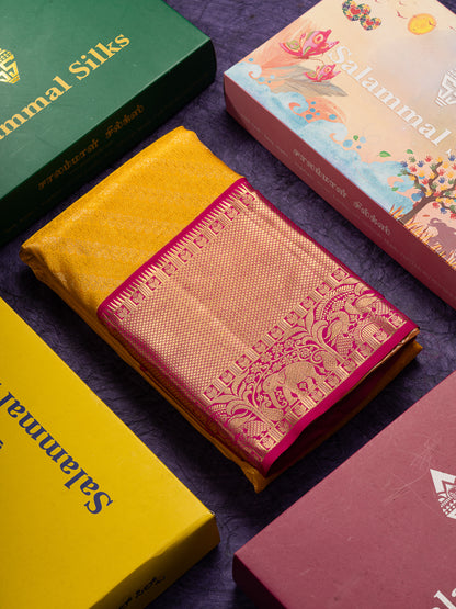 Beautiful Yellow Bridal Pure Kanjivaram Silk Saree With Contrast Pink Traditional Evening Morning Border