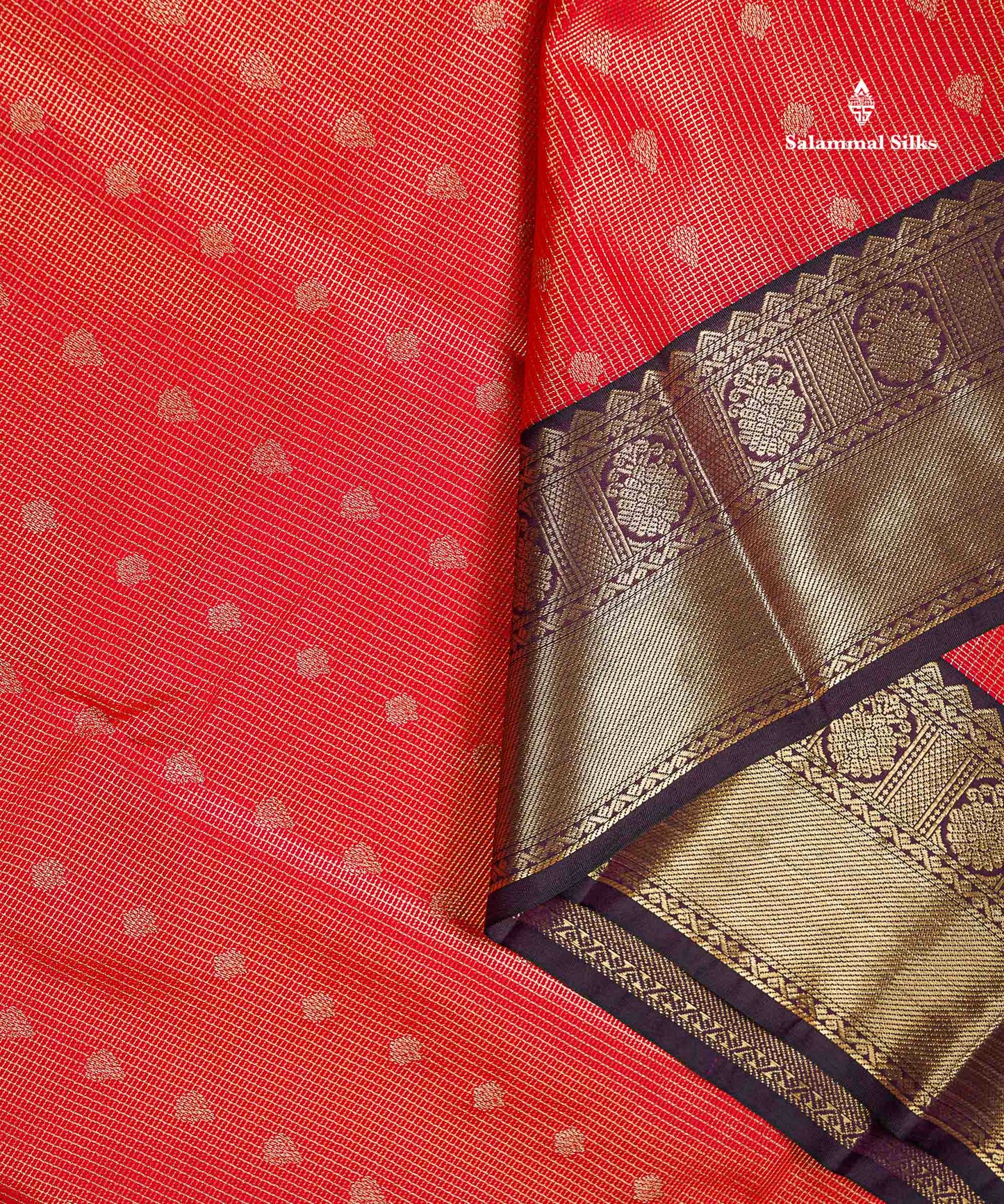 Semi Silk Saree - Orange Butta With Vaira Oosi Tiny Checks Along With Contrast Dark Purple Border