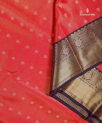 Semi Silk Saree - Orange Butta With Vaira Oosi Tiny Checks Along With Contrast Dark Purple Border