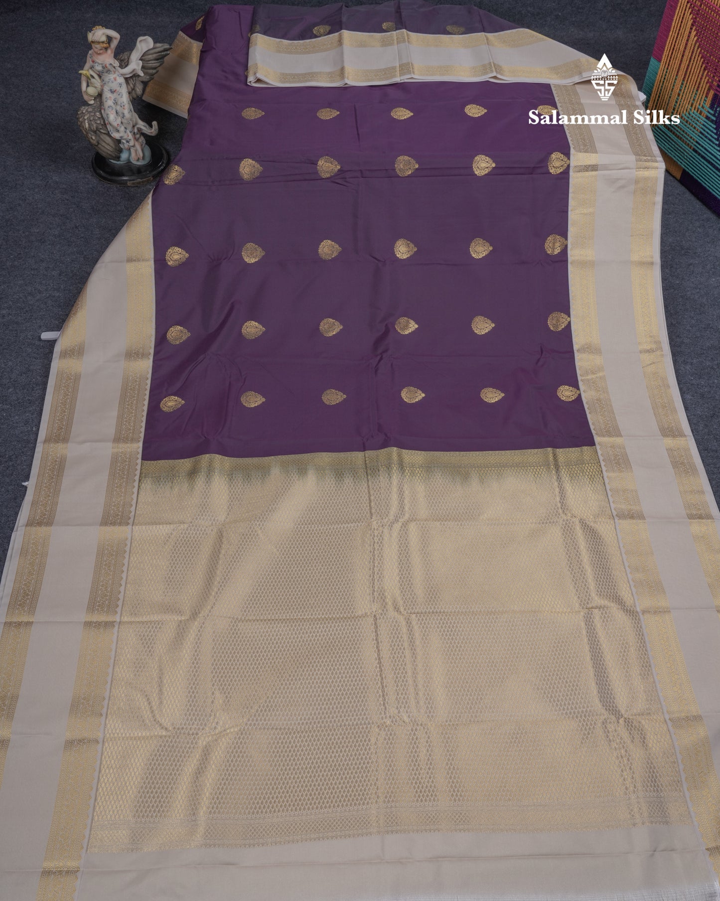 Dark Purple Semi Silk Saree With Contrast Sandal Traditional Rettapet Border