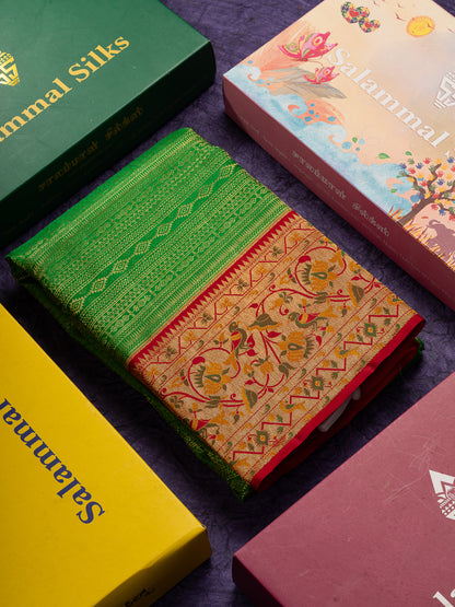 Beautiful Green Fancy Bridal Pure Kanjivaram Silk Saree With Contrast Redish Maroon Paithani Border
