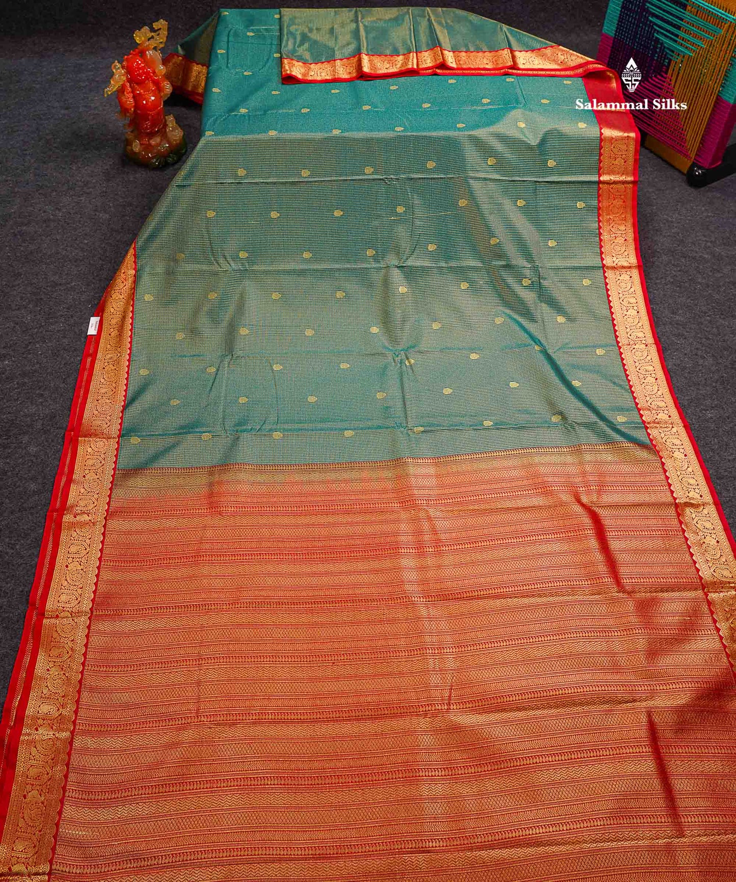 Semi Silk Saree -  Peacock Green Butta With Tiny Vaira Oosi Checks Along With Contrast Red Traditional Small Border