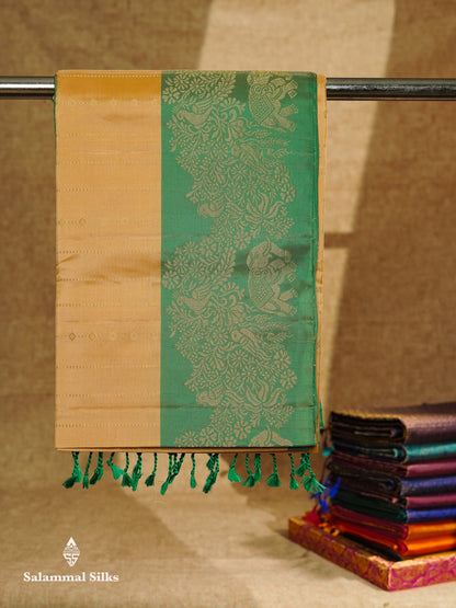 Beautiful Sandal PureMix Kanjivaram Soft Silk Saree With Contrast Sapphire Green Vanasingaram Fancy Border