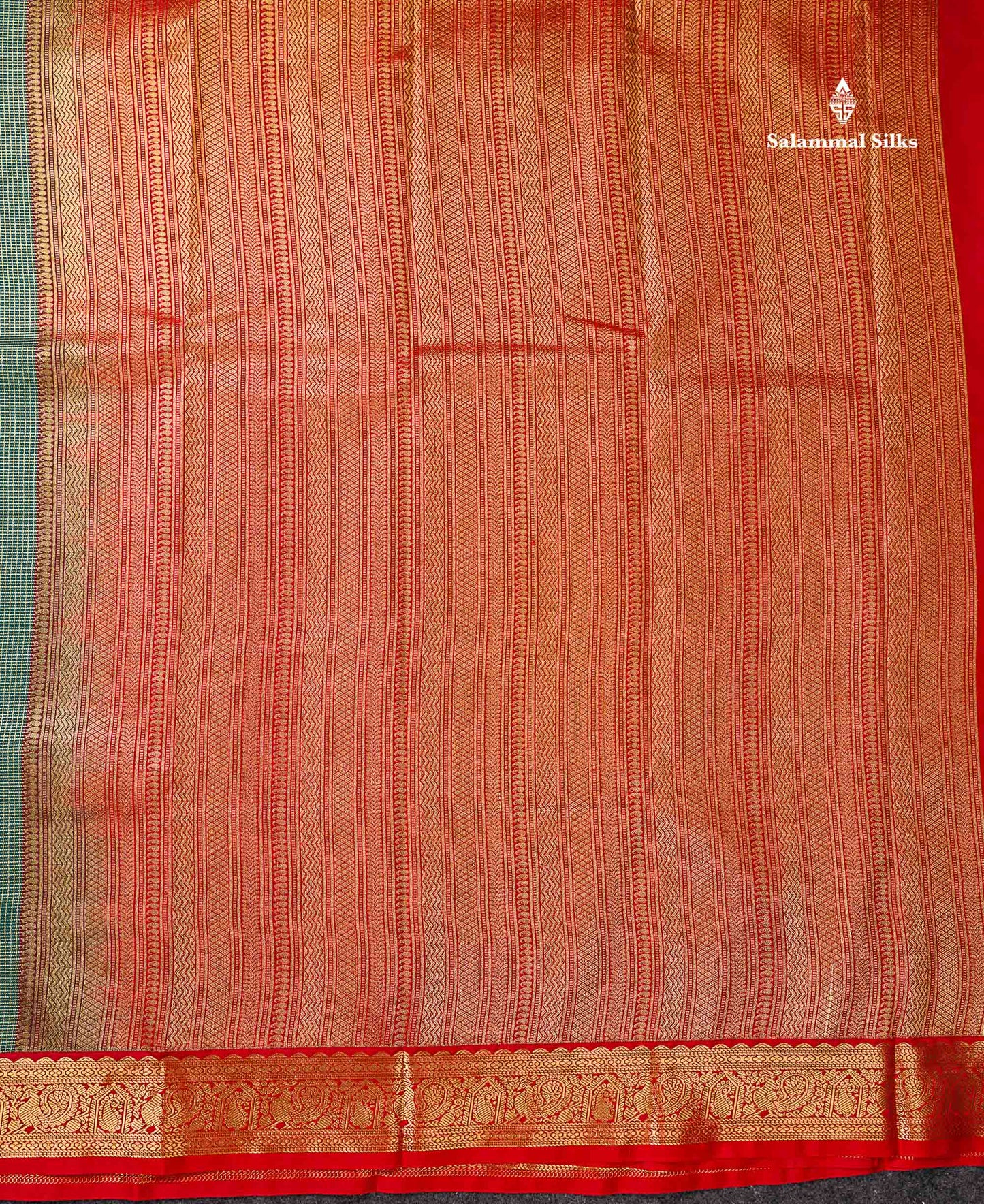 Semi Silk Saree -  Peacock Green Butta With Tiny Vaira Oosi Checks Along With Contrast Red Traditional Small Border