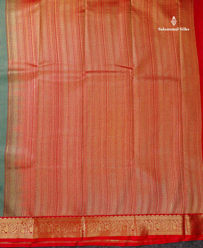 Semi Silk Saree -  Peacock Green Butta With Tiny Vaira Oosi Checks Along With Contrast Red Traditional Small Border