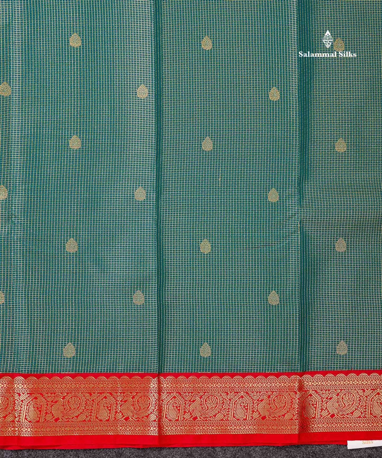 Semi Silk Saree -  Peacock Green Butta With Tiny Vaira Oosi Checks Along With Contrast Red Traditional Small Border