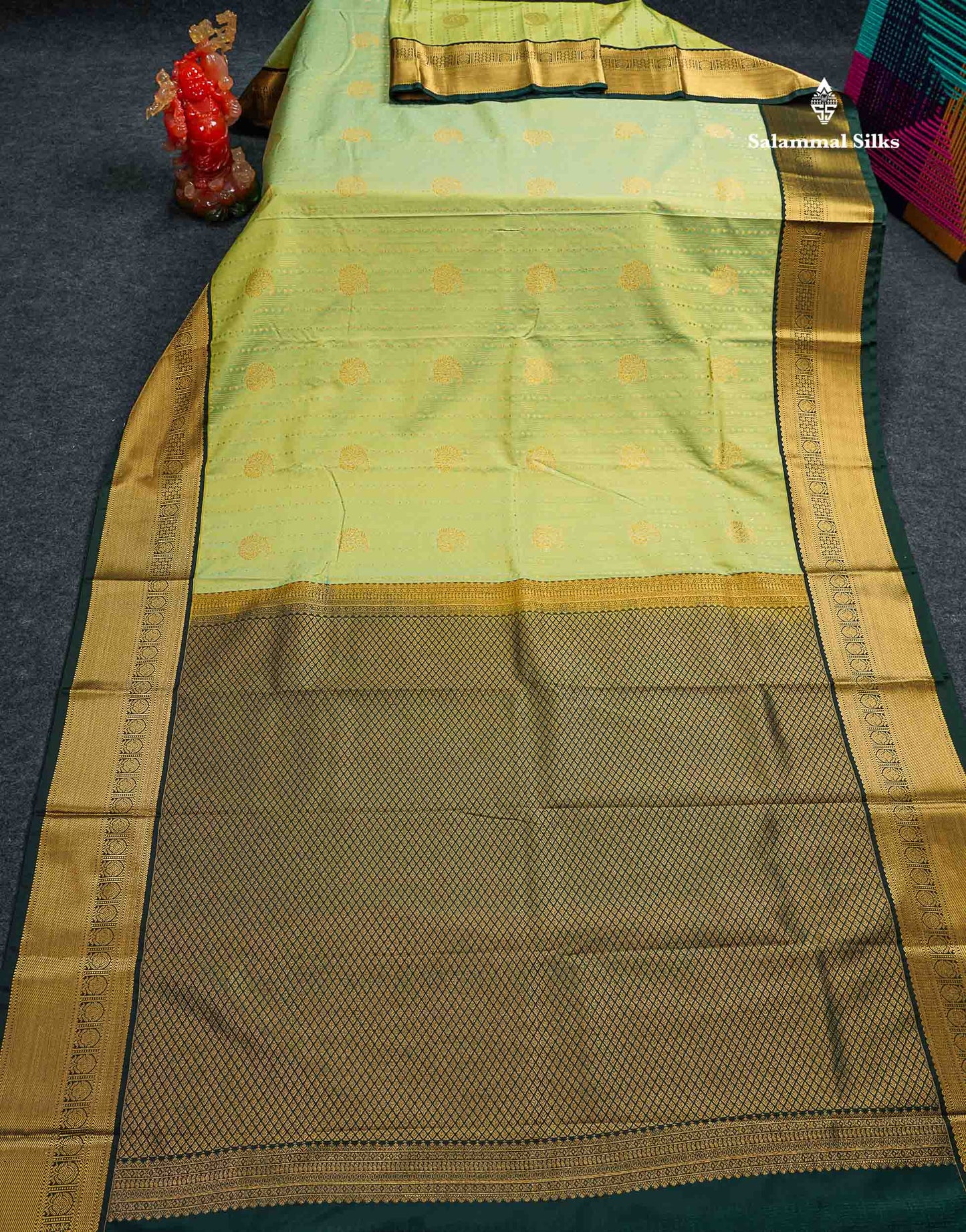 Semi Silk Saree -  Rexona Green Butta With Lines Along With Contrast Bottle Green Border