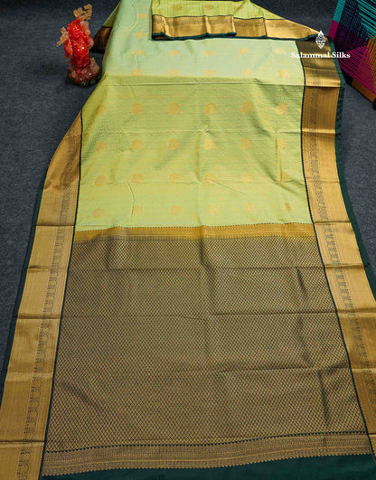 Semi Silk Saree -  Rexona Green Butta With Lines Along With Contrast Bottle Green Border