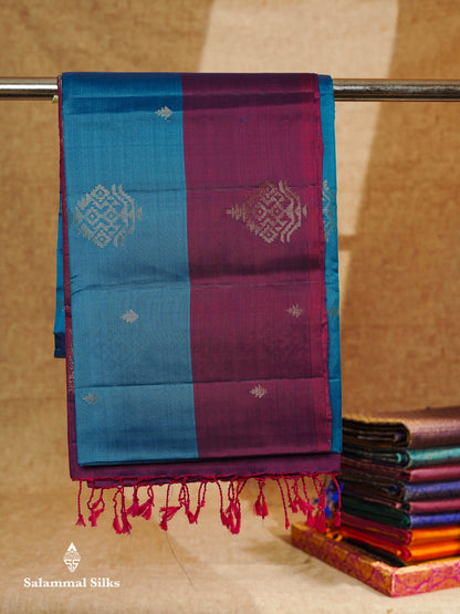 Beautiful Peacock Blue PureMix Kanjivaram Soft Silk Saree With Contrast Violet Blue Fancy Border