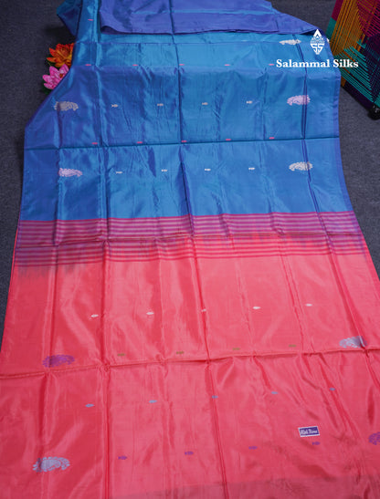 Peacock Blue Banana Pinth Saree (Vaazhainaar Pattu) With Contrast Pinkish Peach Blouse