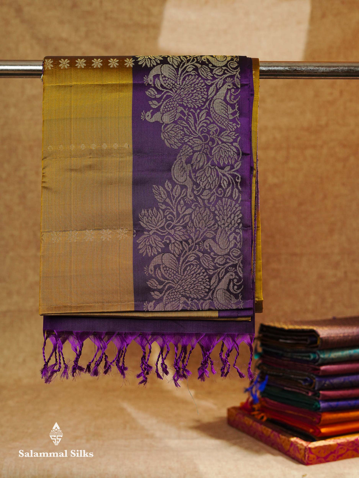 Beautiful Mustard Yellow PureMix Kanjivaram Soft Silk Saree With Contrast Violet Vanasingaram Fancy Border