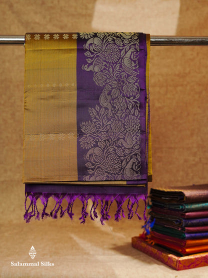 Beautiful Mustard Yellow PureMix Kanjivaram Soft Silk Saree With Contrast Violet Vanasingaram Fancy Border
