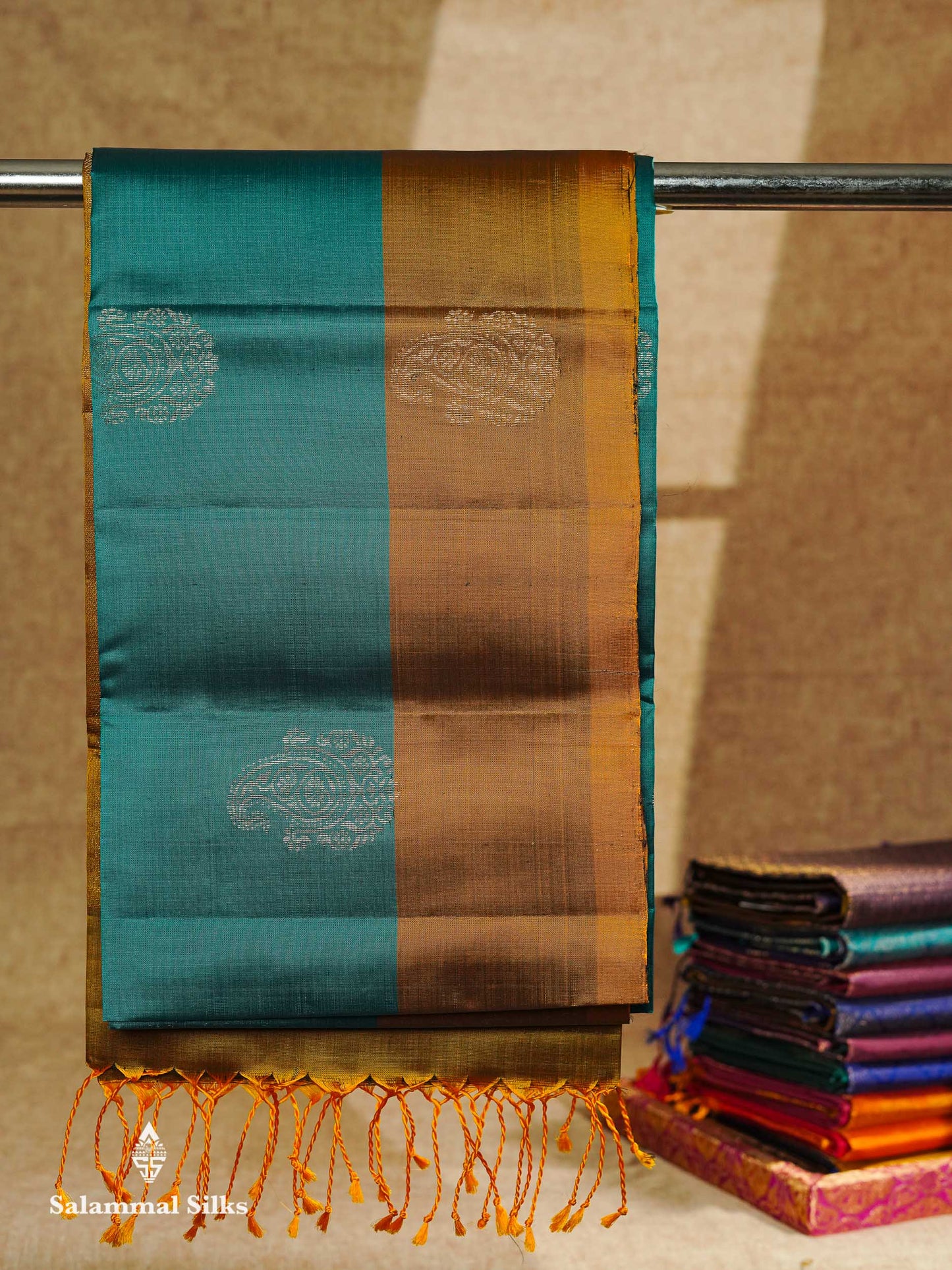 Beautiful Peacock Blue Pure Mix Kanjivaram Soft Silk Saree With Contrast Olive Green Fancy Border