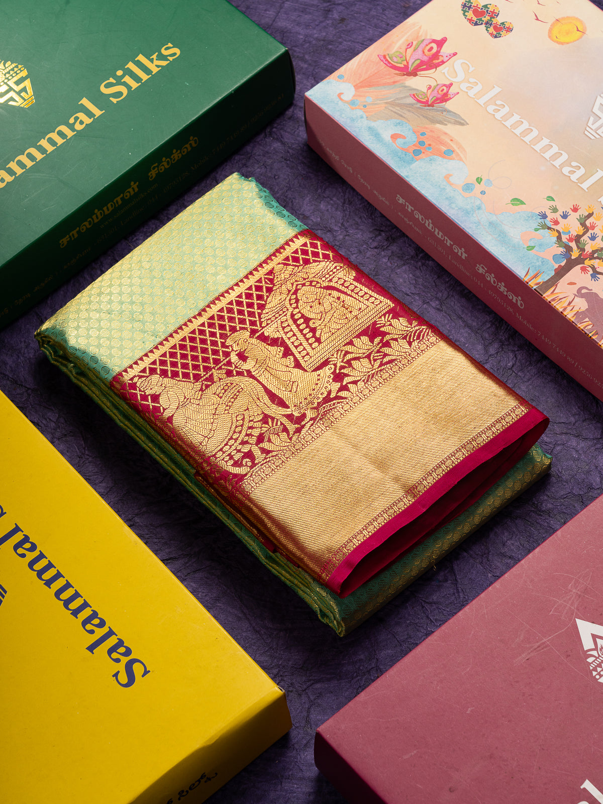 Beautiful Rexona Green Tissue Bridal Pure Kanjivaram Silk Saree With Contrast Rani Pink Traditional Evening Morning Pallaku Border