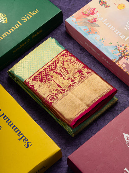 Beautiful Rexona Green Tissue Bridal Pure Kanjivaram Silk Saree With Contrast Rani Pink Traditional Evening Morning Pallaku Border