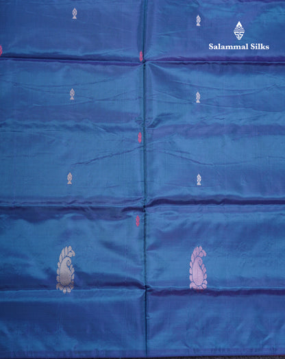 Peacock Blue Banana Pinth Saree (Vaazhainaar Pattu) With Contrast Pinkish Peach Blouse