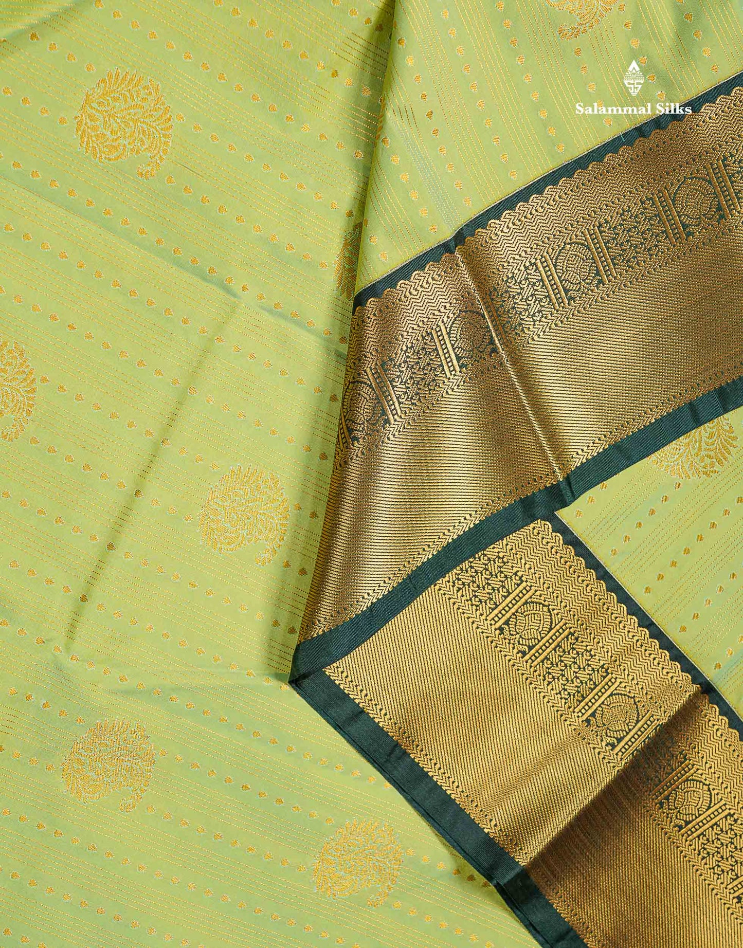 Semi Silk Saree -  Rexona Green Butta With Lines Along With Contrast Bottle Green Border