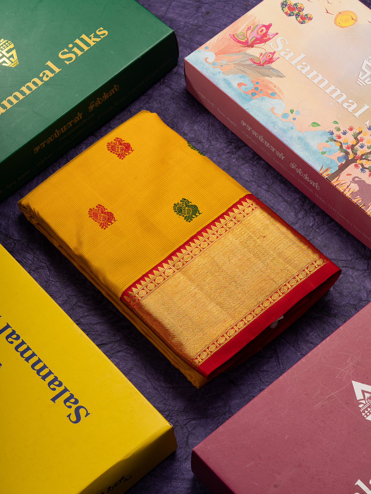 Beautiful Yellow Thread Work Butta Pure Kanjivaram Pure Silk Saree With Contrast Chilly Red Traditional Border