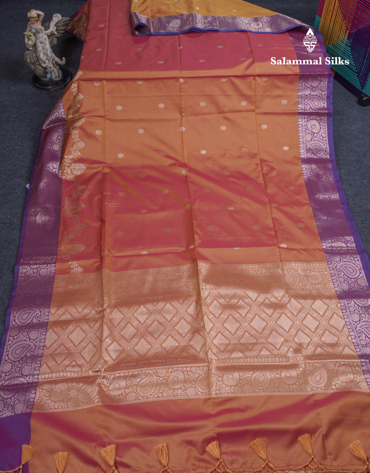 Dual Tone Mustard Yellow Fancy Semi Soft Silk Saree With Contrast Purple Border