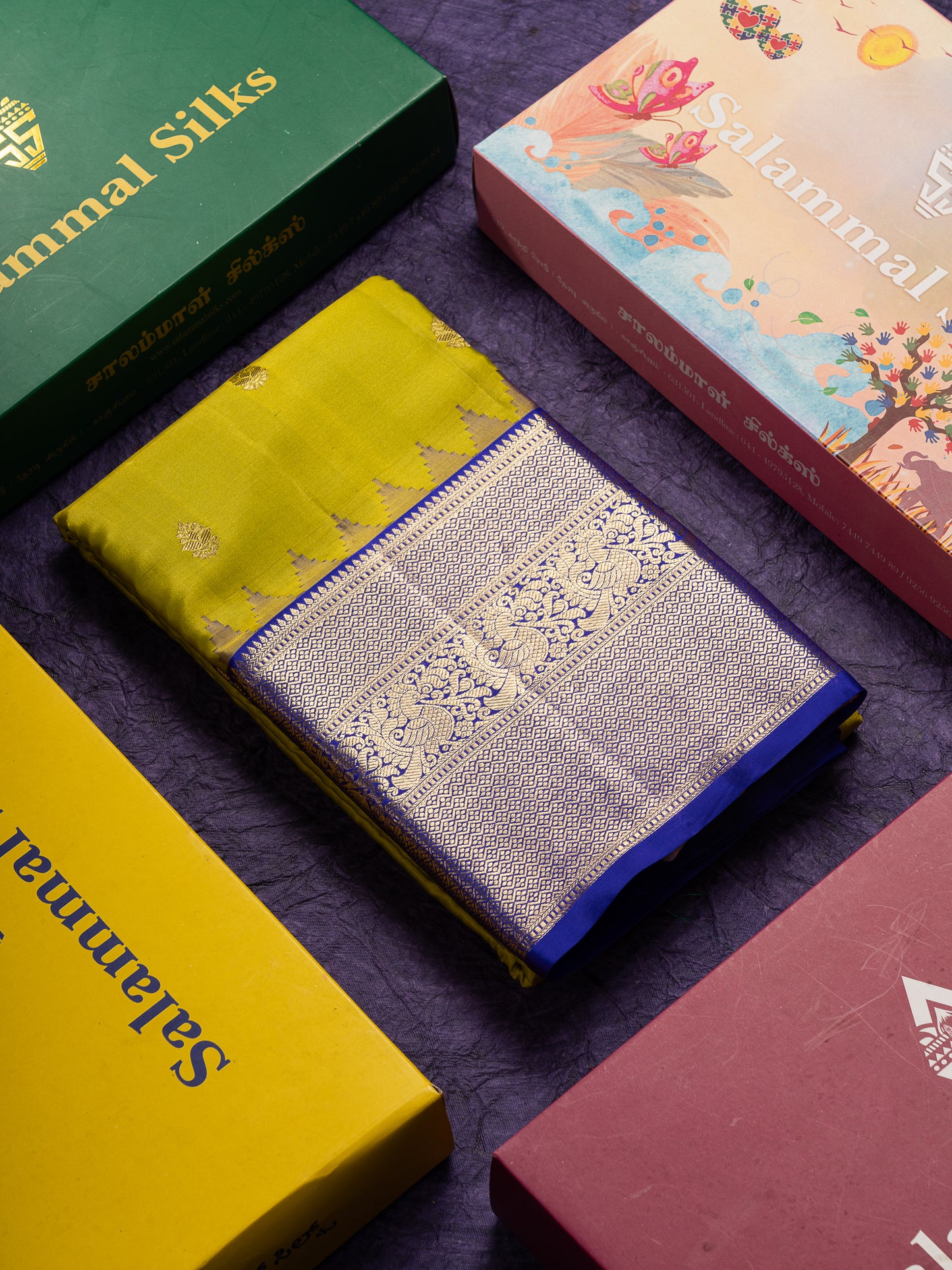 Beautiful Manthulir Yellow Pure Kanjivaram Silk Saree With Contrast Royal Blue Traditional Evening Morning Border