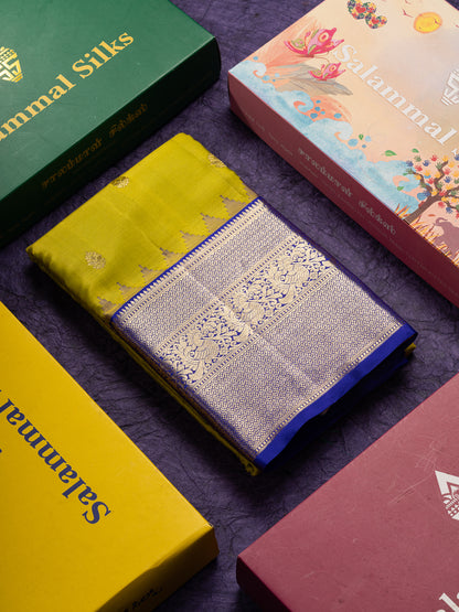 Beautiful Manthulir Yellow Pure Kanjivaram Silk Saree With Contrast Royal Blue Traditional Evening Morning Border