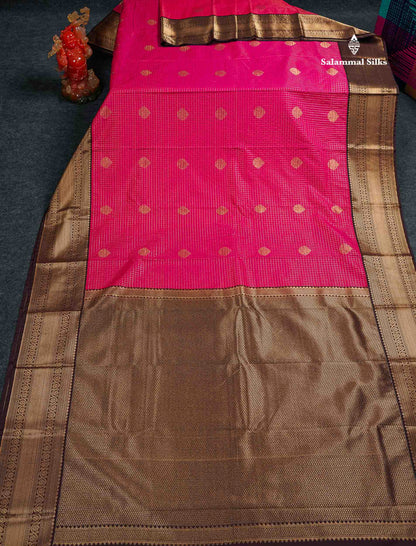 Semi Silk Saree - Dual Tone Pink Small Checks With Butta Along With Contrast Dark Brown Traditional Border