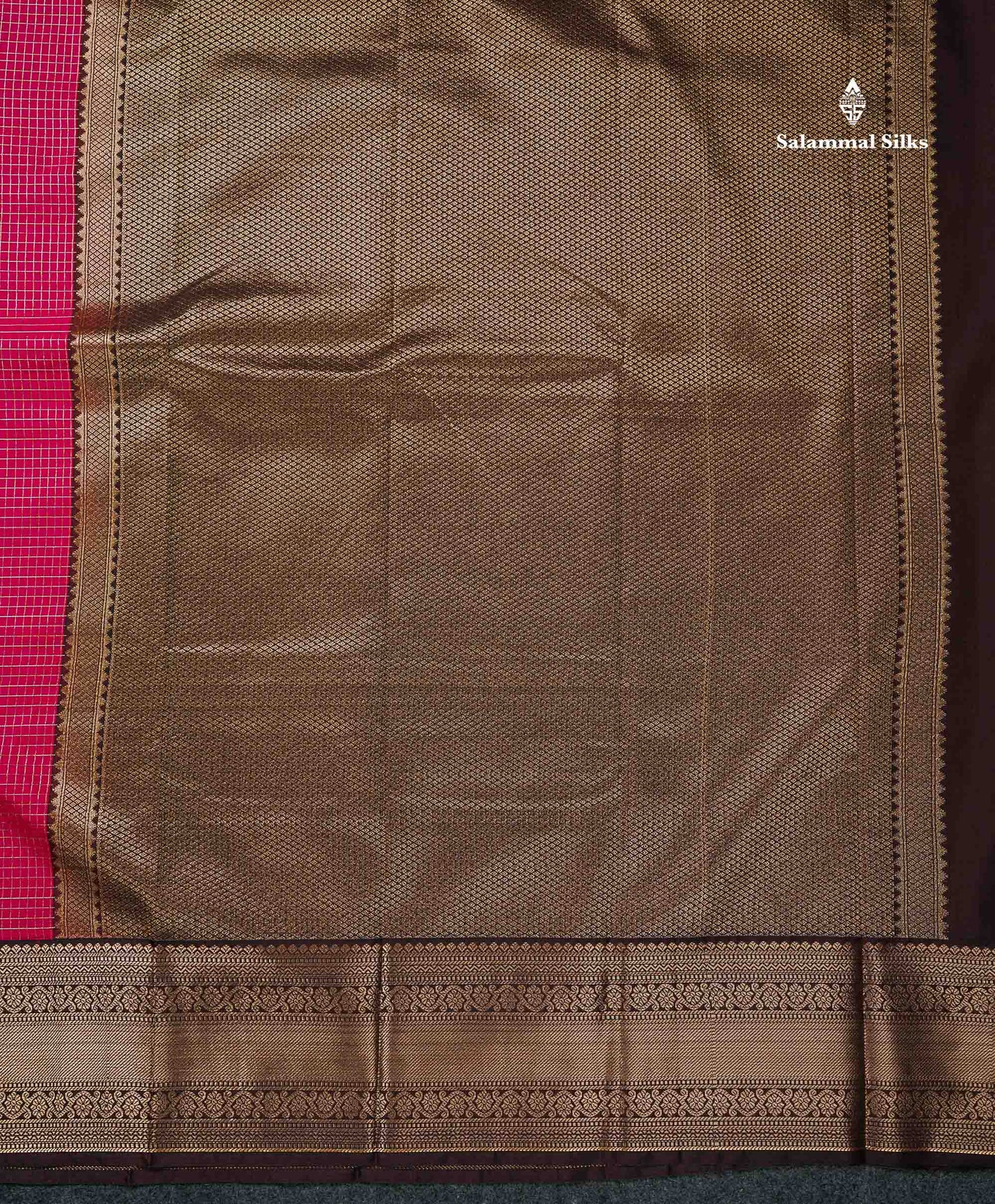 Semi Silk Saree - Dual Tone Pink Small Checks With Butta Along With Contrast Dark Brown Traditional Border