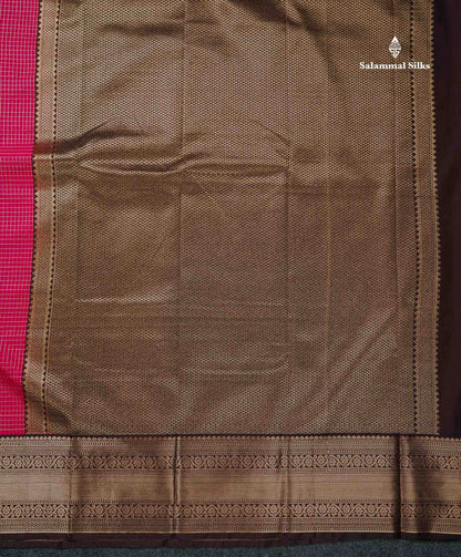 Semi Silk Saree - Dual Tone Pink Small Checks With Butta Along With Contrast Dark Brown Traditional Border
