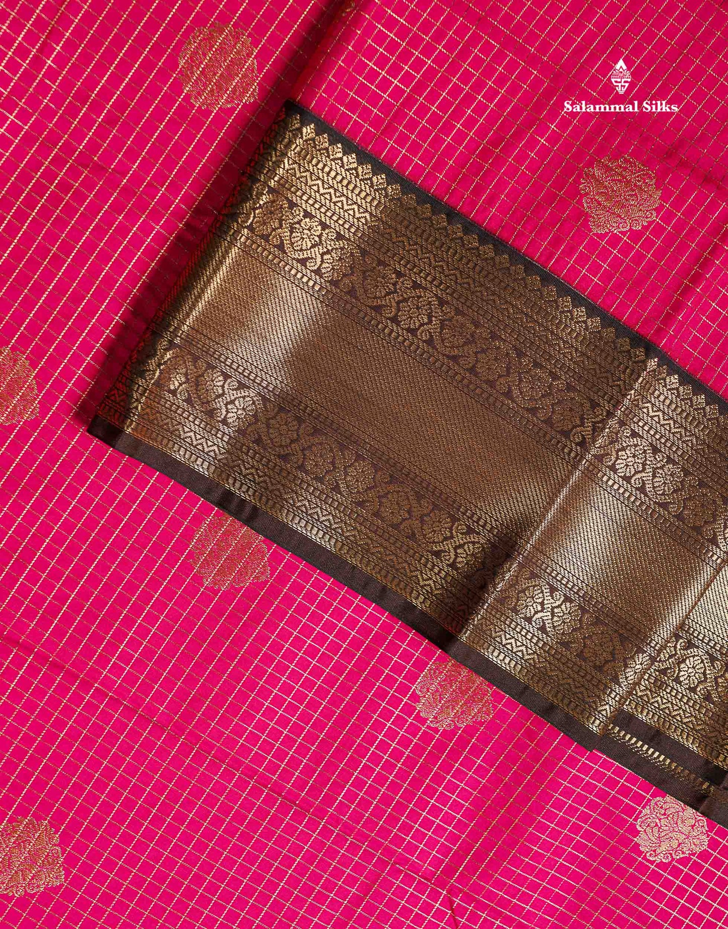Semi Silk Saree - Dual Tone Pink Small Checks With Butta Along With Contrast Dark Brown Traditional Border