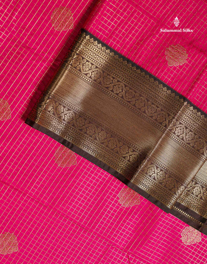 Semi Silk Saree - Dual Tone Pink Small Checks With Butta Along With Contrast Dark Brown Traditional Border