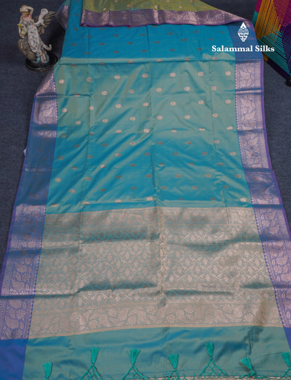 Dual Tone Pastel Blue Fancy Semi Soft Silk Saree With Contrast Purple Border