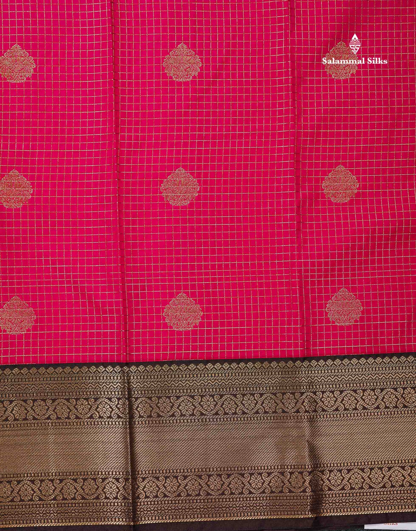 Semi Silk Saree - Dual Tone Pink Small Checks With Butta Along With Contrast Dark Brown Traditional Border