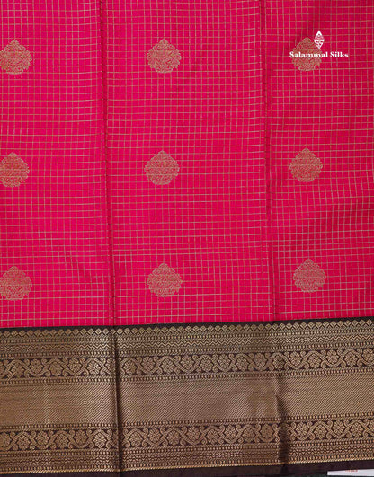 Semi Silk Saree - Dual Tone Pink Small Checks With Butta Along With Contrast Dark Brown Traditional Border