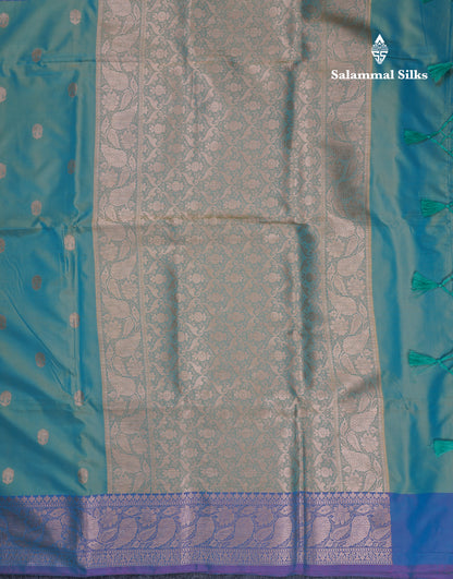 Dual Tone Pastel Blue Fancy Semi Soft Silk Saree With Contrast Purple Border