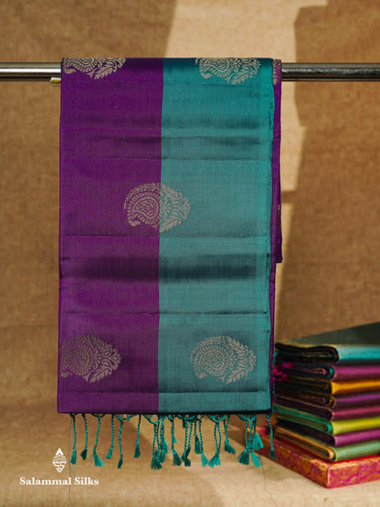 Beautiful Lavender PureMix Kanjivaram Soft Silk Saree With Contrast Peacock Green Blue Fancy Border