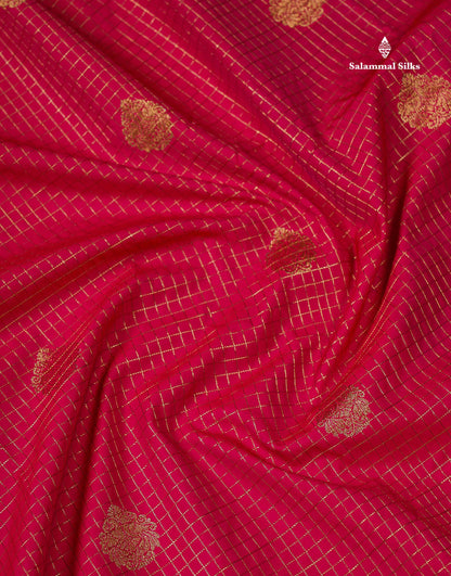Semi Silk Saree - Dual Tone Pink Small Checks With Butta Along With Contrast Dark Brown Traditional Border