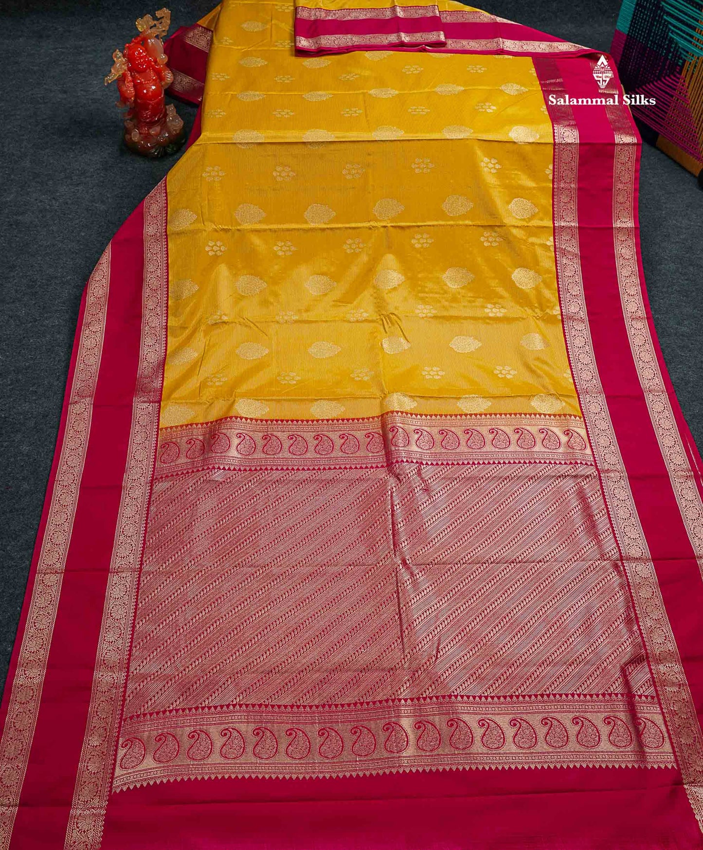 Semi Silk Saree -  Yellow Butta With Vaira Oosi Lines Along With Contrast Redish Pink Traditional Gap Border