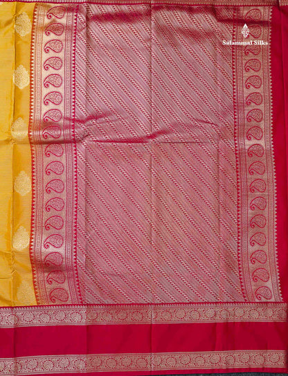 Semi Silk Saree -  Yellow Butta With Vaira Oosi Lines Along With Contrast Redish Pink Traditional Gap Border