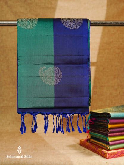 Beautiful Mehandi Green PureMix Kanjivaram Soft Silk Saree With Contrast Ink Blue Fancy Border