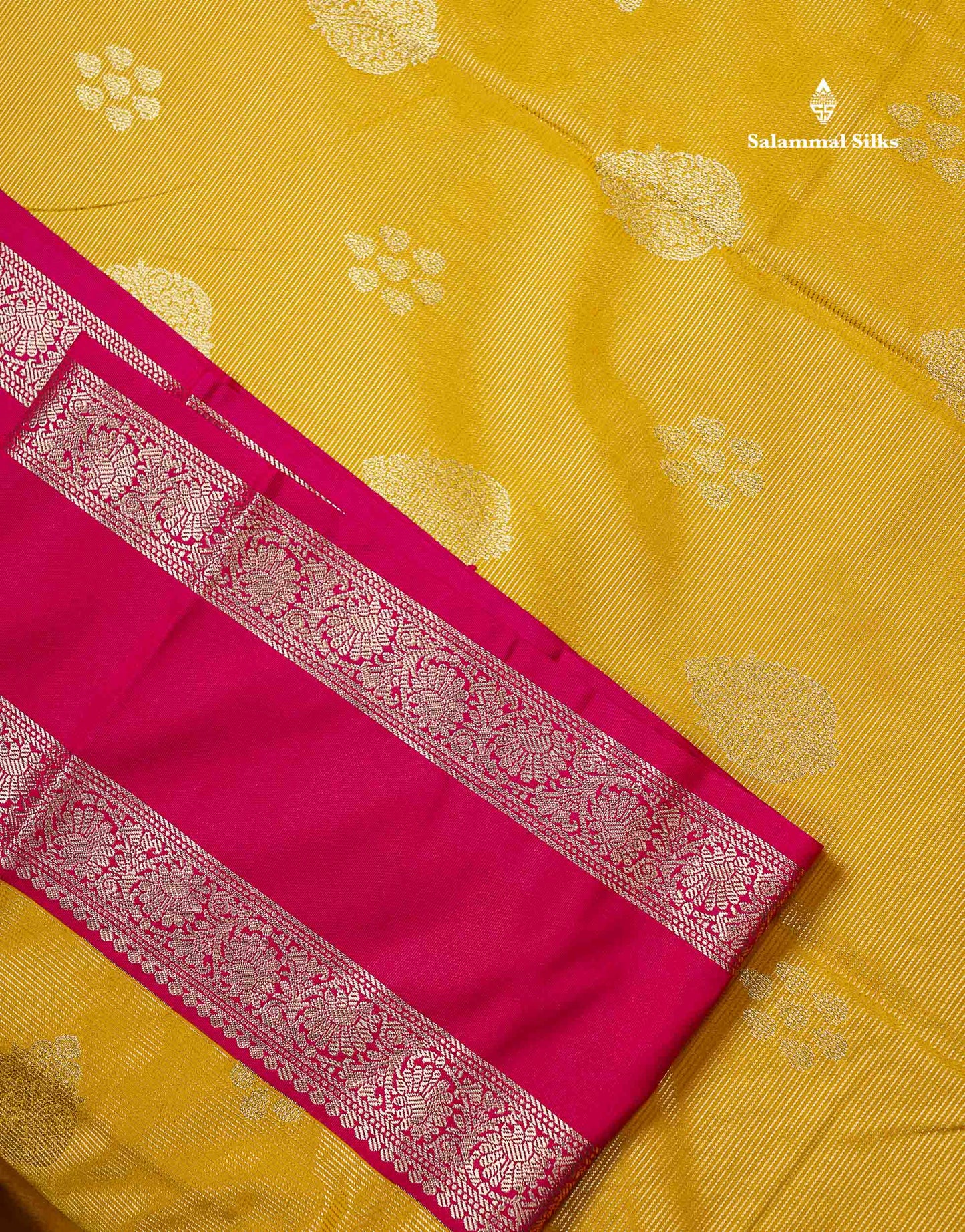 Semi Silk Saree -  Yellow Butta With Vaira Oosi Lines Along With Contrast Redish Pink Traditional Gap Border