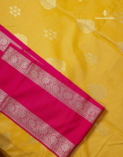 Semi Silk Saree -  Yellow Butta With Vaira Oosi Lines Along With Contrast Redish Pink Traditional Gap Border