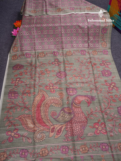 Purple Colour Semi Tussar Ajrah Kalamkari Print Saree With Contrast Pista Green Border