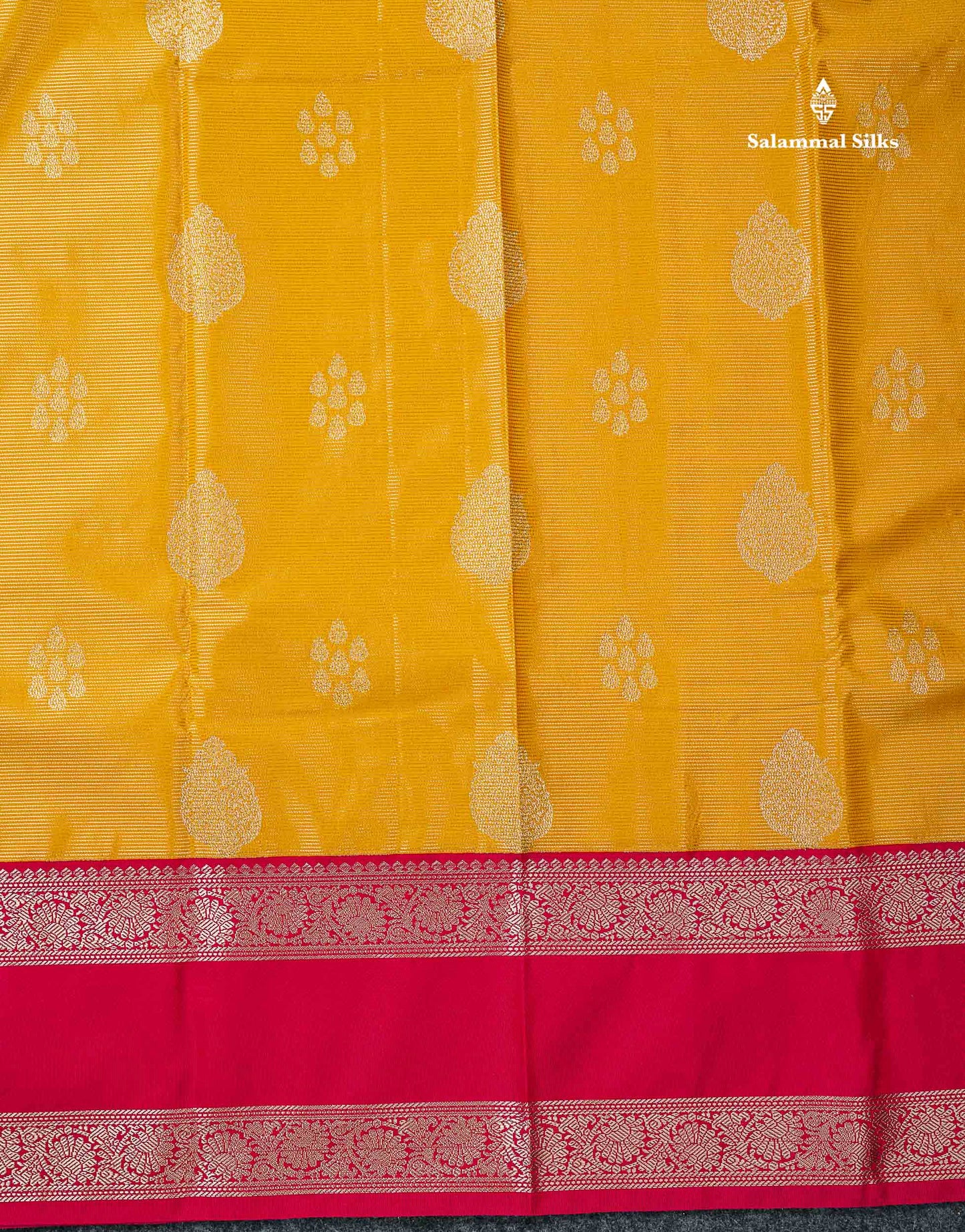 Semi Silk Saree -  Yellow Butta With Vaira Oosi Lines Along With Contrast Redish Pink Traditional Gap Border